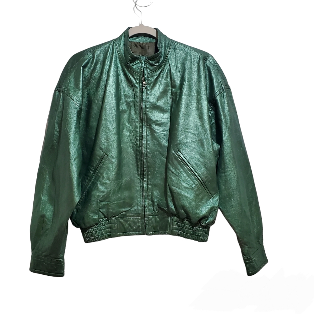 Vintage John Michael Metallic Green Women's Bomber Jacket Distressed Siz…